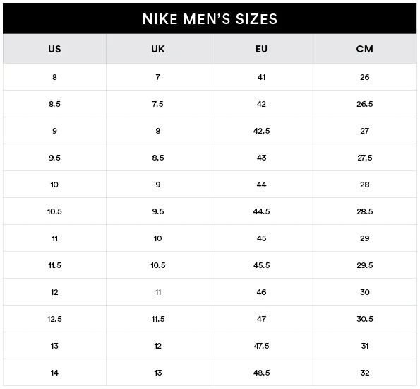 Nike mens running shoes size guide