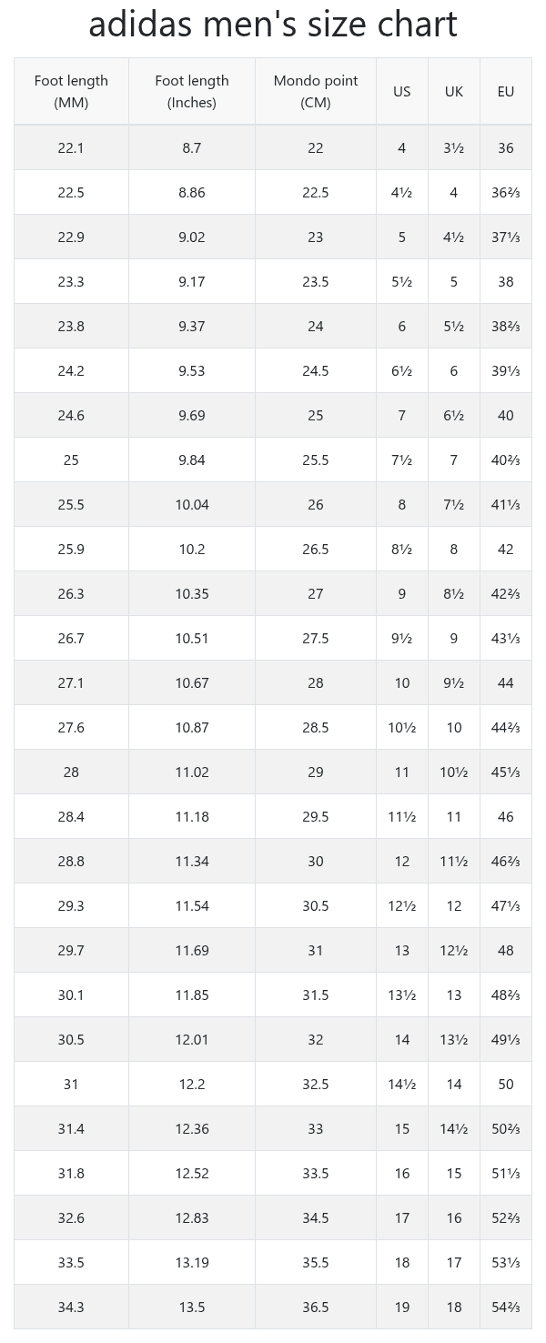adidas mens size chart